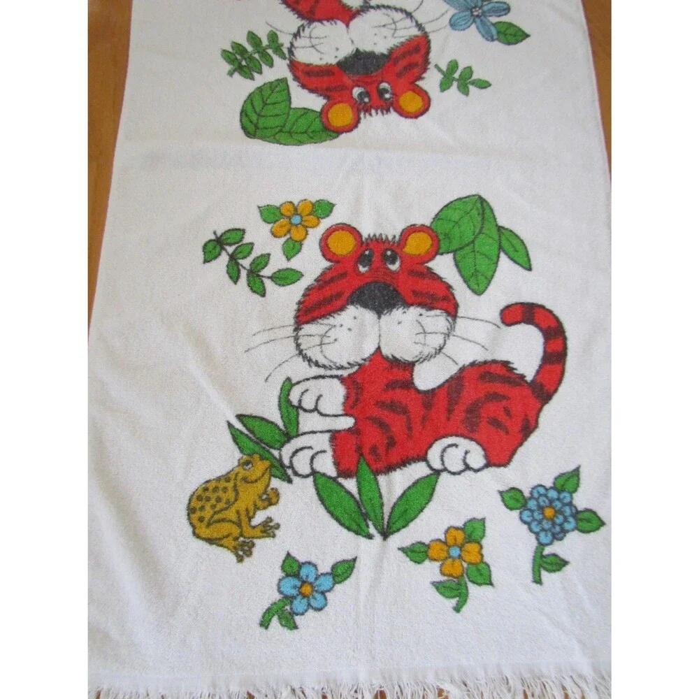 Vintage 1970s Cannon Bath Towel Monticello Tiger Frog Turtle Fringed